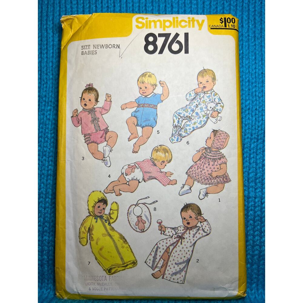 Simplicity Sewing pattern 8761 baby layette bonnet sleeper dress romper